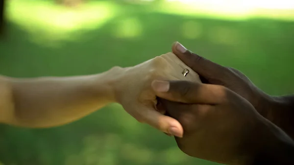 Interracial Marriage Ceremony Man Holding Woman Hand Golden Ring Finger — Stock Photo, Image