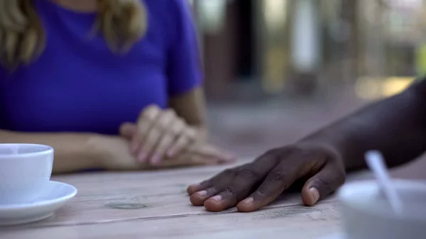 Afro American Male Hand Table Caucasian Woman Refusing Touch Relation — Stock Photo, Image