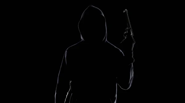 Silhouette Serial Killer Hoodie Threatening Gun Preparing Murder — Stock Photo, Image