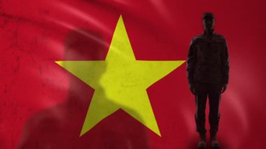 Vietnamlı asker silueti ulusal bayrak, sorumluluk karşı selamlama