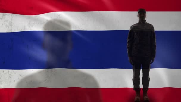 Thai soldier silhouette saluting against national flag, war strategy, nation — Stock Video