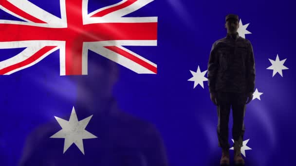 Siluet tentara Australia hormat terhadap bendera nasional, perlindungan negara — Stok Video