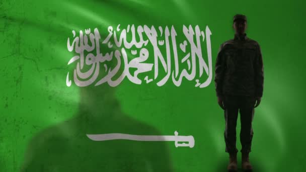Sylwetka Arabii Saudyjskiej żołnierza pozdrawiając przeciwko flagi narodowej, duma kraju — Wideo stockowe