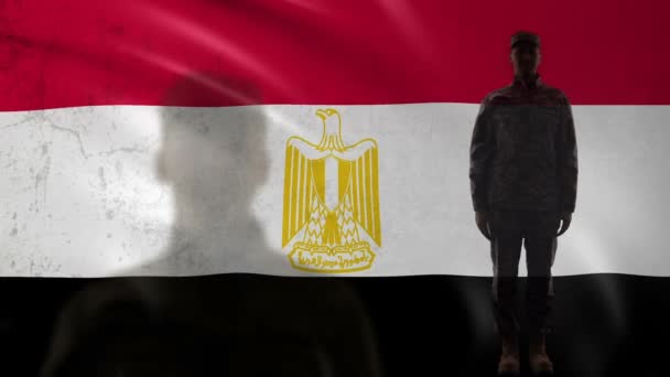 Egyptisk soldat Silhouette salutera mot nationella flaggan, land styrka — Stockvideo