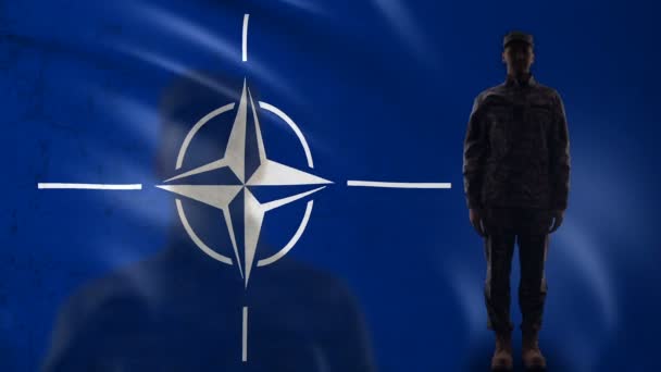 Brussel, België-circa april 2019: NATO vlag met saluting soldaat silhouet, collectieve verdediging van het grondgebied — Stockvideo