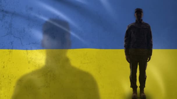 Ukrainian soldier silhouette saluting against national flag, military reform — Stock Video