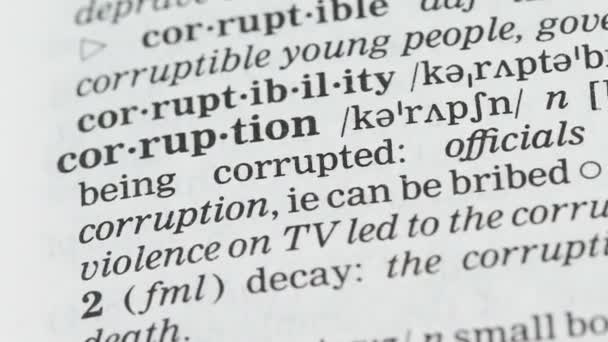 Palavra de corrupção em vocabulário inglês, atividade de quebra de lei e aceitação de subornos — Vídeo de Stock