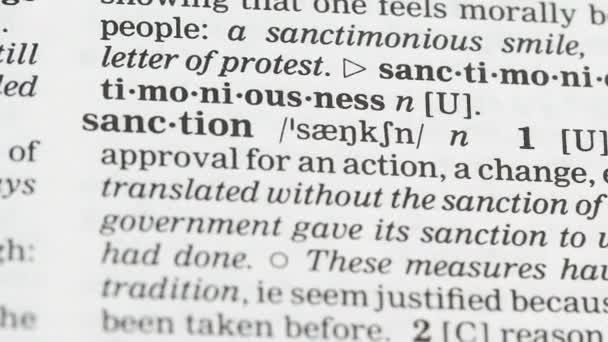 Sanction word in english vocabulary, diplomatic reaction to inappropriate policy — Stock Video