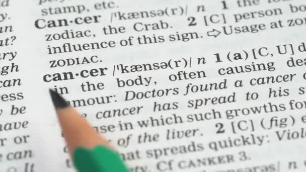 Palabra de cáncer en la página de vocabulario en inglés, prevención de enfermedades potencialmente mortales — Vídeos de Stock