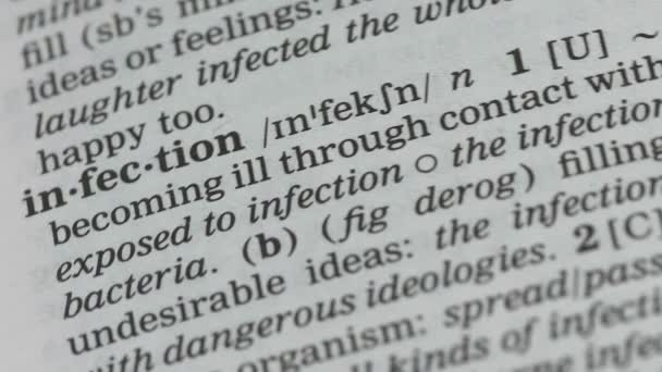 Palabra de infección significado en inglés vocabulario, captura de enfermedades virales, higiene — Vídeo de stock