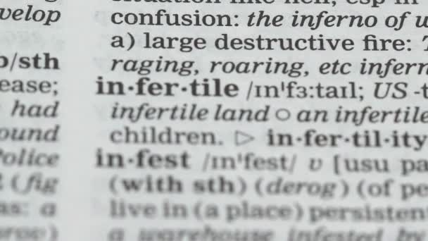 Definición palabra infertilidad en el diccionario Inglés, discapacidad ho tener hijos — Vídeo de stock