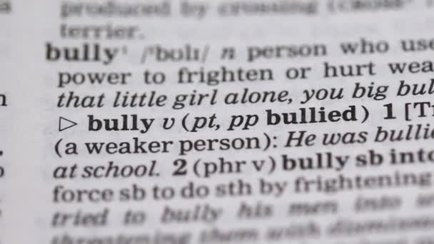 Bully, word in english vocabulary, person using force to humiliating people — Stock Video