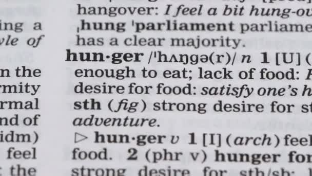 Hunger word in english vocabulary, global problem, lack of nutrition in region — Stock Video