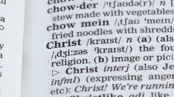 Christ Word definition finns i ordbok, legendariska Religiongrundare, gudar son — Stockvideo