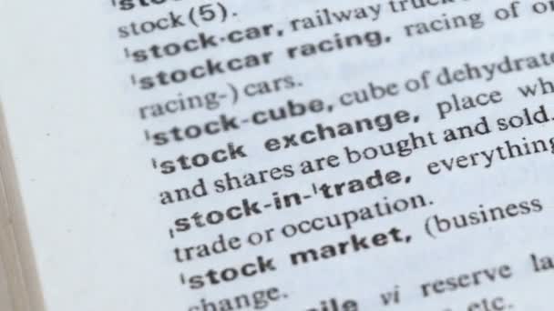 Frase da bolsa de valores no dicionário inglês, venda e compra de títulos, comércio — Vídeo de Stock