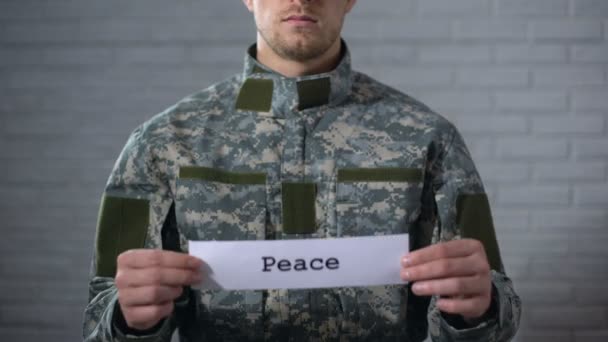 Слово мира, написанное на знаке в руках солдата-мужчины, национальная свобода, защита — стоковое видео