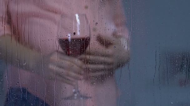 Вагітна леді п'є вино і погладжує живіт за дощовим вікном, невизначеність — стокове відео