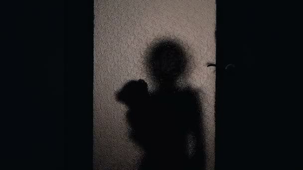 Silhouette da bambino spettrale che scompare fuori dalla porta trasparente, soprannaturale — Video Stock