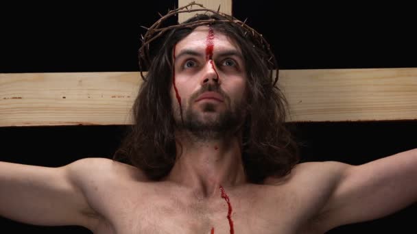 Bleeding savior in crown of thorns on black background suffering on cross, pray — Stock Video