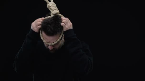 Christ preventing depressed male in rope loop from suicide commitment, miracle — Stock Video