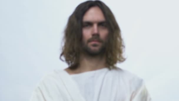 Man alike Jesus holding loaf of bread and glass of vine in hands, communion — Stock Video