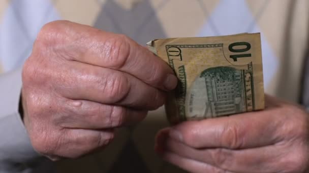 Pensionista pobre contando billetes de dólar en las manos, crisis económica, bancarrota — Vídeos de Stock