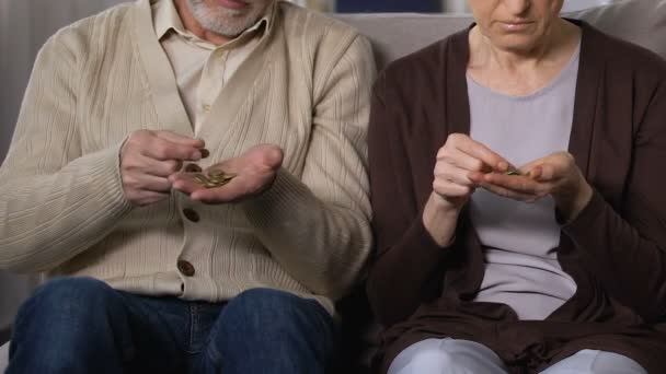 Casal idoso perturbado contando dinheiro, insegurança social, desamparo e pobreza — Vídeo de Stock