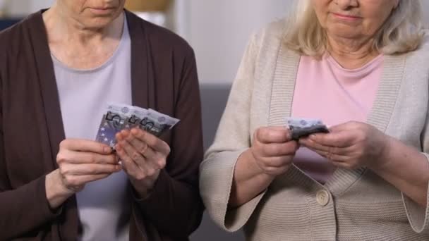 Mulheres irritadas e tristes contando últimos euros, falta de financiamento, pequena pensão, orçamento — Vídeo de Stock