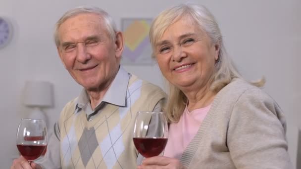 Preciosa pareja de ancianos con copas de vino mirando a la cámara y la celebración sonriente — Vídeos de Stock