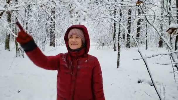 Mulher positiva desfrutando de caminhar na floresta de inverno coberta de neve, tocando ramos — Vídeo de Stock