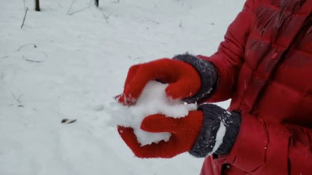 雪のボールを作り、カメラ、冬のゲーム、エンターテイメントに見せる人 — ストック動画