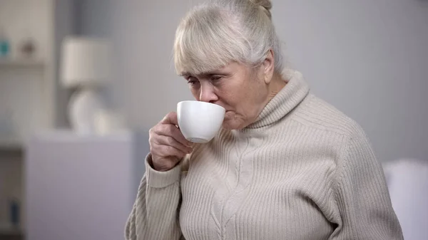 Crying Elderly Woman Drinking Tea Nursing House Loneliness Old Age — Stock Photo, Image