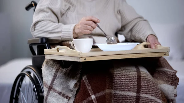 Mujer Anciana Silla Ruedas Cenando Hogar Ancianos Servicio Hospitalario Comida —  Fotos de Stock