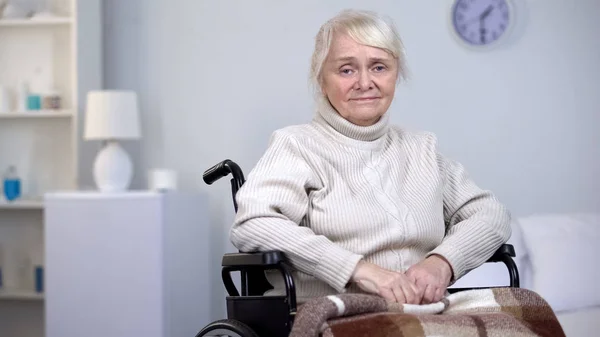 Desperate Crying Lady Wheelchair Looking Camera Old Age Depression — Stock Photo, Image