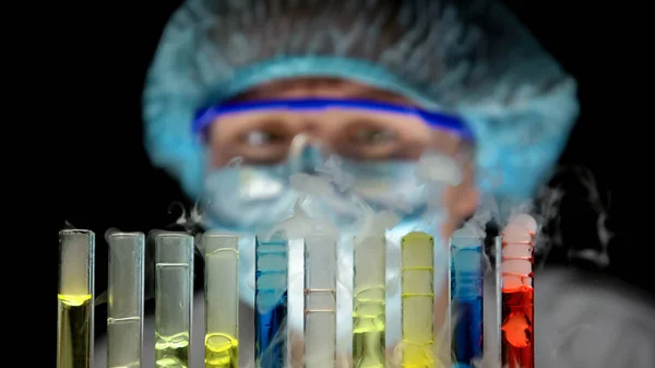 Scientist Checking Reaction Test Tubes Multicolor Liquids Poisons — Stock Photo, Image