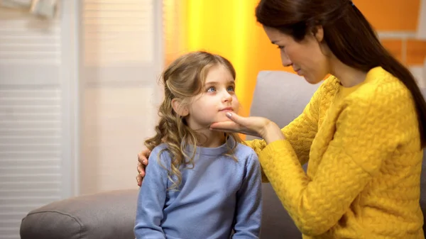 Young Female Comforting Little Daughter Touching Girls Face Tenderly Closeness — Stock Photo, Image