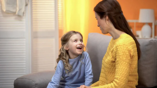 Happy Laughing Girl Telling Mommy Funny Stories Trustful Relations — Stok Foto