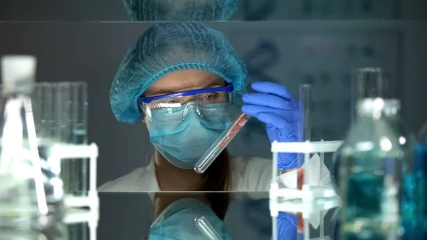 Pracownik Laboratorium Badając Próbkę Mięsa Probówce Zmodyfikowany Genetycznie Organizm — Zdjęcie stockowe