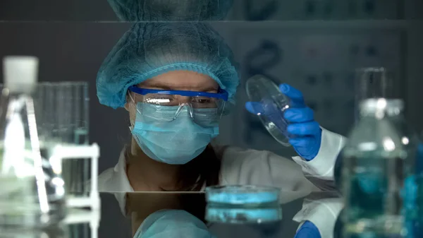Laboratuvar Işçisi Mavi Pigment Deterjan Üretimi Ile Petri Kabı Açma — Stok fotoğraf