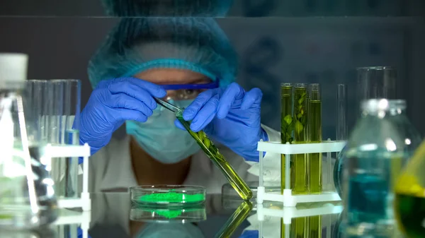 Scienziato Aggiungendo Polvere Verde Tubo Con Pianta Verde Pesticidi Influenza — Foto Stock