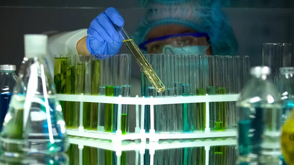 Pesquisador Verificando Sedimentos Tubos Com Líquidos Teste Produção Vitaminas — Fotografia de Stock