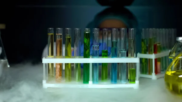 Biologist Looking Test Tubes Samples Refrigerator Laboratory Work — Stock Photo, Image