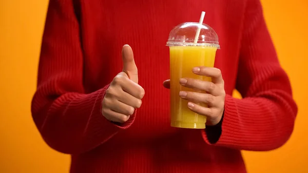 Lady Orange Juice Hand Showing Thumbs Healthy Citrus Cocktail Energy — Stock Photo, Image