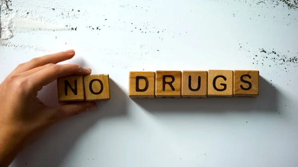 Nessuna Parola Droga Fatta Cubi Legno Effetto Narcotici Dannosi Concetto — Foto Stock