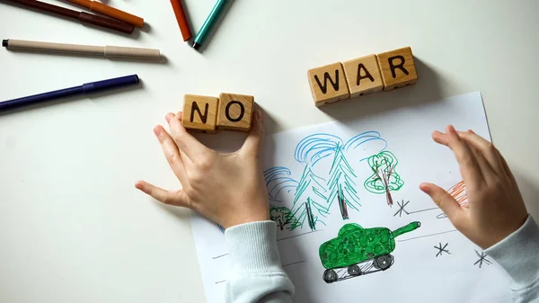 War Text Cubes Child Painting Military Situation Political Problems — Stock Photo, Image