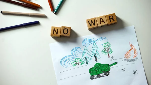 Nenhuma Frase Guerra Cubos Situação Militar Desenhando Sobre Mesa Problemas — Fotografia de Stock