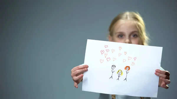 Cheerful Little Girl Showing Family Picture Camera Feeling Parental Love — Stock Photo, Image