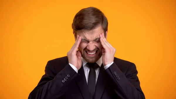 Overworked Man Suit Feeling Strong Headache Massaging Temples Stressful Job — Stock Photo, Image