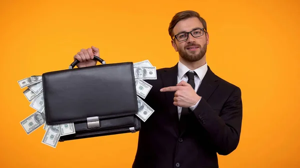 Confident man in suit pointing on briefcase full of dollars, crowdfunding income