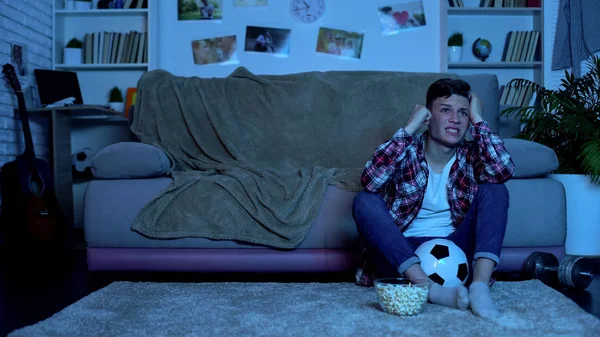 Teenage Boy Watching Soccer Game Home Upset Result Match — Stock Photo, Image